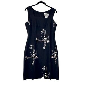 Sheri Martin Floral Linen Blend Embroidered Sleeveless Sheath Dress Black Size 4